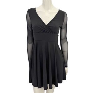 Black Sheer Mesh Sleeve Skater Dress Womens Size Small V-Neck Fit and Flare Mini